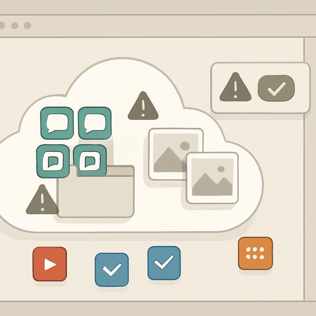 Microblogging, messaging, and photo sharing applications in cloud on computer. Each app includes a difficult warning along...
