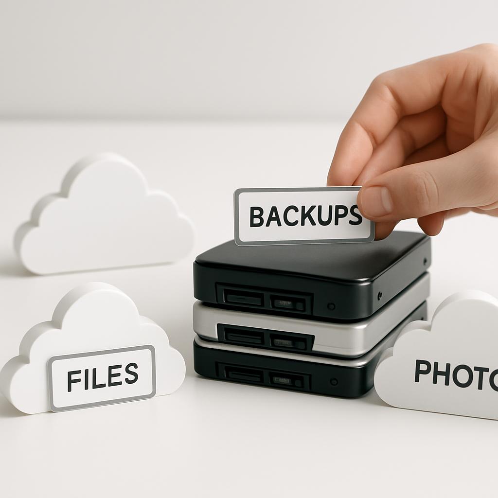 A person using a small portable hard drive labeled "Backups", also surrounded by storage icons to upload and download back...