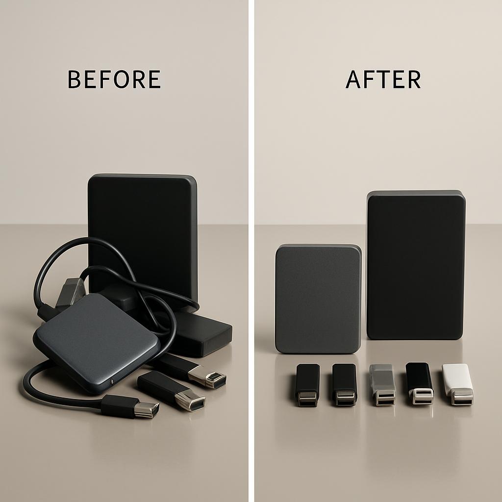 The image depicts a before and after scenario with various electronic devices. The left side, labeled 'BEFORE', features a...